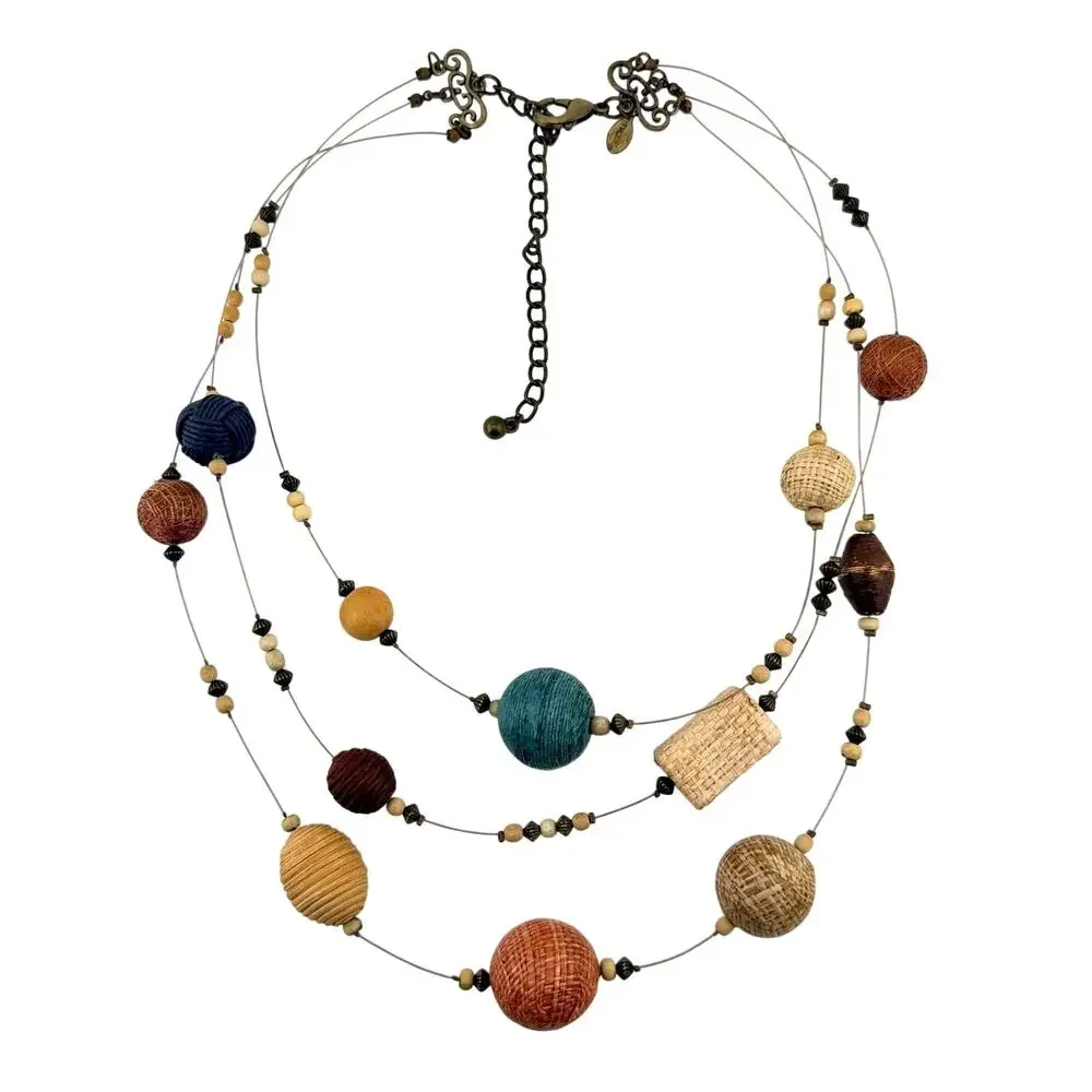 Chicos Boho Earthy Fiber Multicolor Beads Triple Strand Station 23